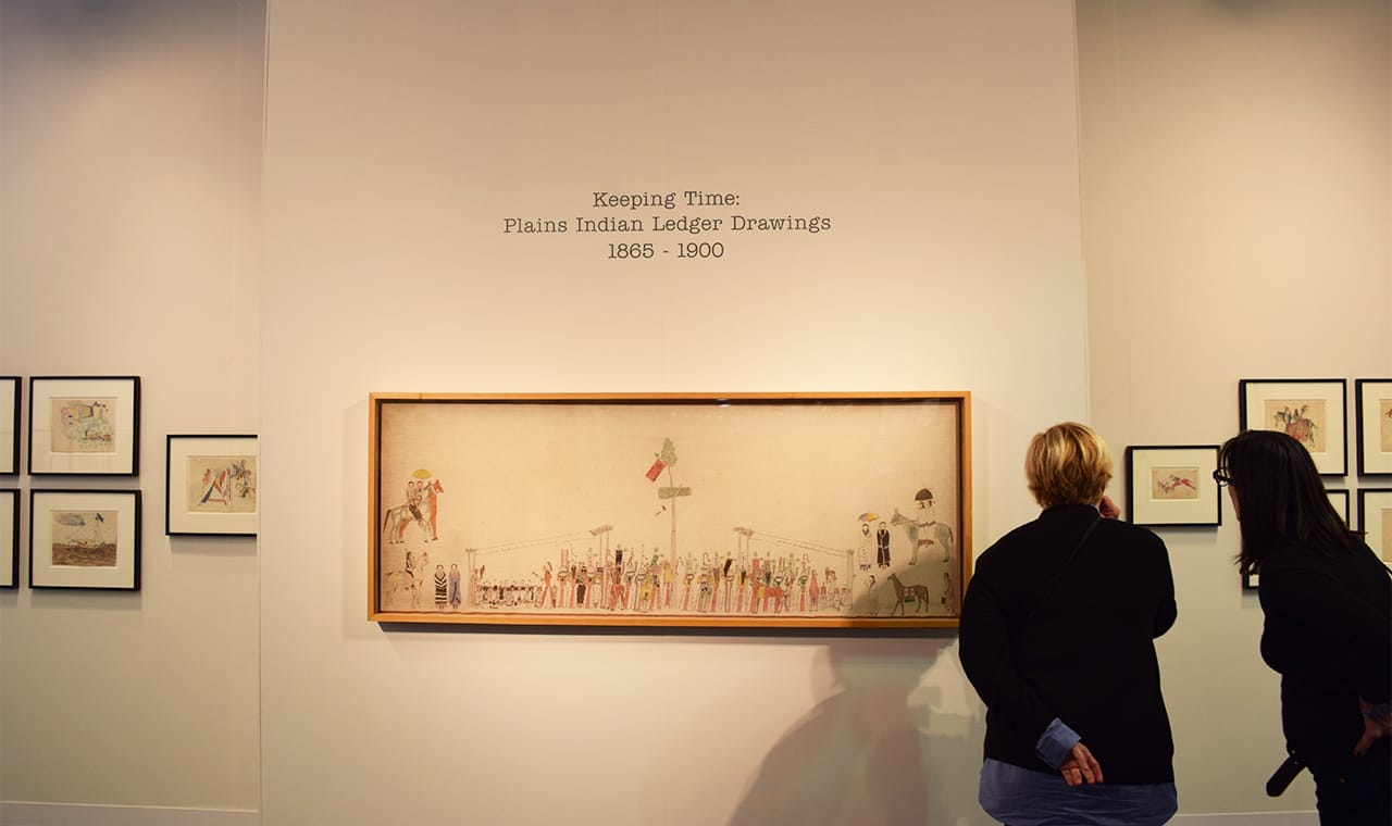 Installation view of 'Keeping Time: Plains Indian Ledger Drawings, 1865–1900' in the Donald Ellis Gallery booth at the 2016 Armory Show