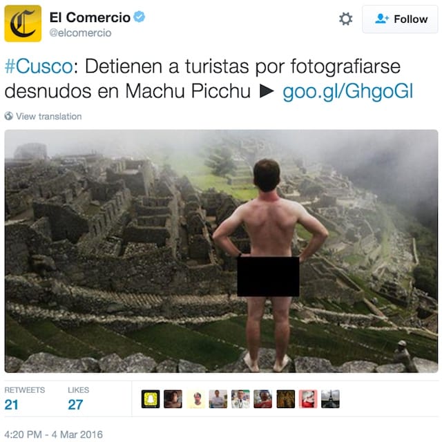 One of the naked photos that recently got two tourists arrested at Machu Picchu (screenshot by the author via @elcomercio/Twitter)
