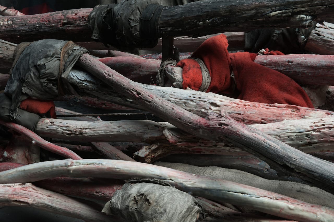 Berlinde De Bruyckere, "Kreupelhout - Cripplewood" (2012–13), wax, epoxy, iron, wood, fabric, blankets, and rope (photo by Mirjam Devriendt)