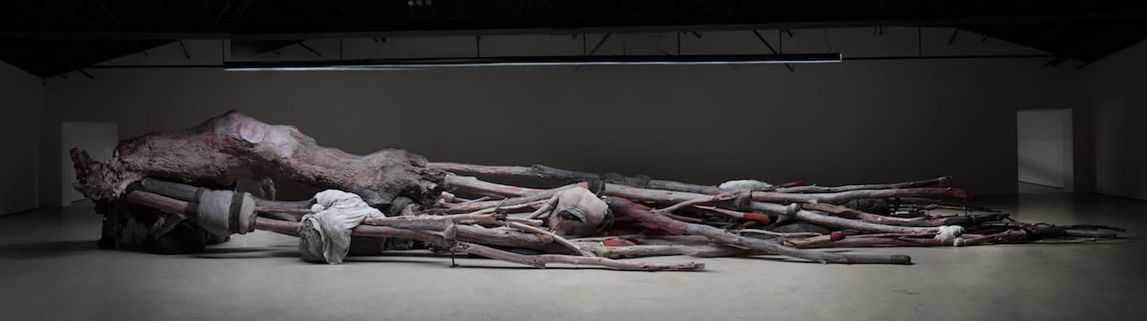 Berlinde De Bruyckere, "Kreupelhout - Cripplewood" (2012–13), wax, epoxy, iron, wood, fabric, blankets, and rope (photo by Mirjam Devriendt)