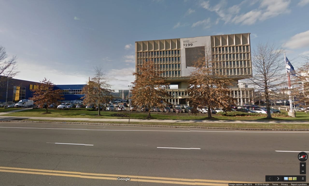 The Marcel Breuer building with an IKEA banner in January 2016 (screenshot by the author, via Google Street View)