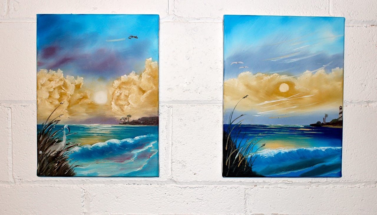 Henry Crissman and Hamilton Poe's paired seascape paintings, on display at Trinosophes (all photos by the author for Hyperallergic)