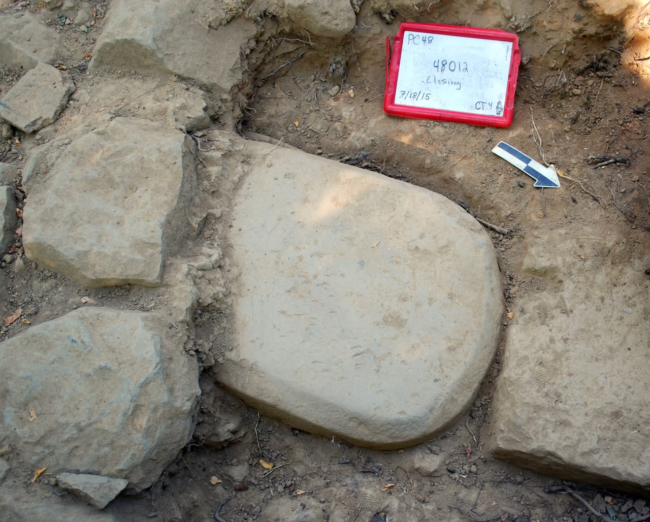The Etruscan stele discovered in the foundations of a monumental temple, where it had been for over 2,500 years (courtesy Mugello Valley Project)