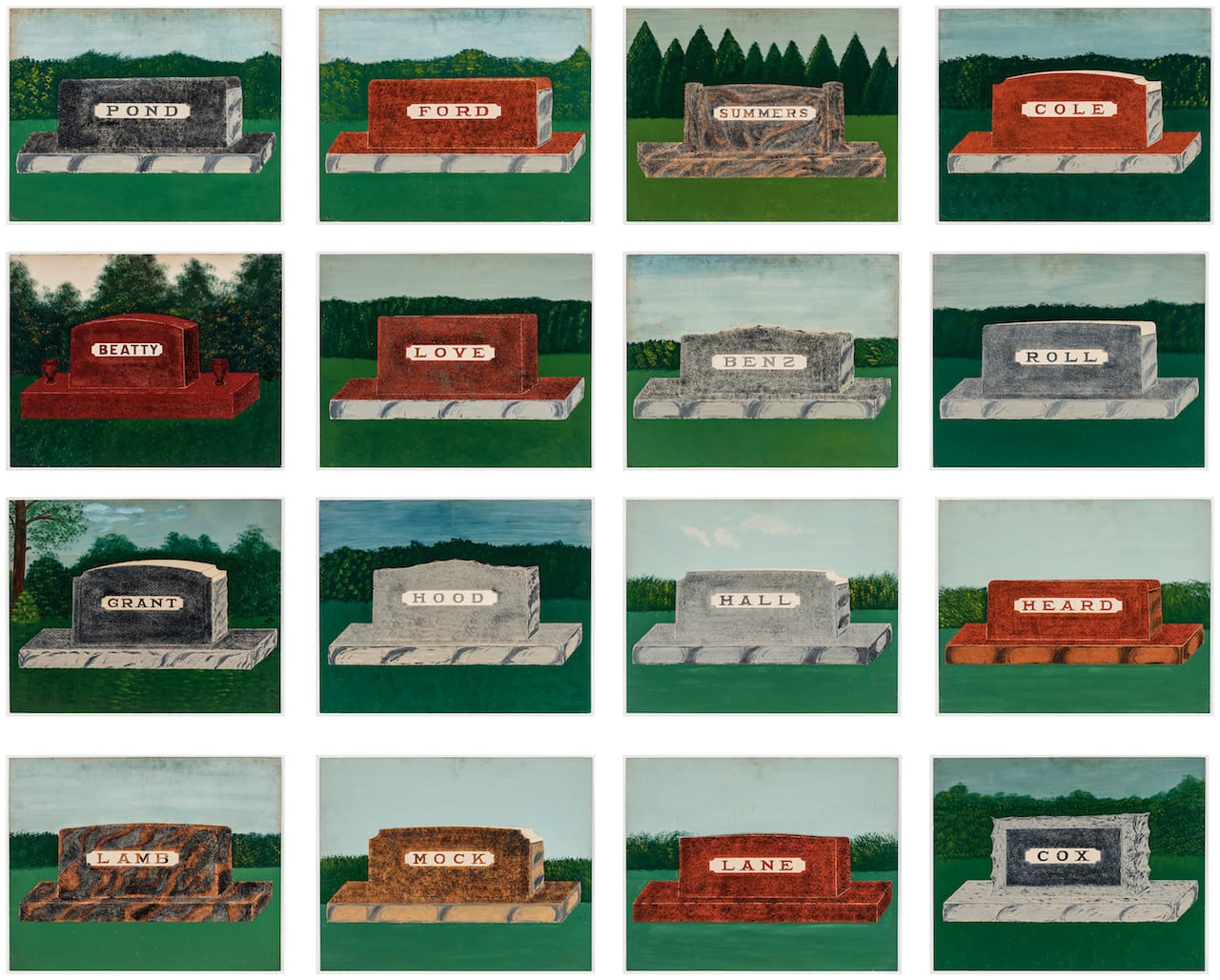 E.B. Roberts, "Series of Salesman Samples for Memorials" (English Indiana, 1929), Each 20 x 24 inches, enamel on board (courtesy Ricco/Maresca Gallery)