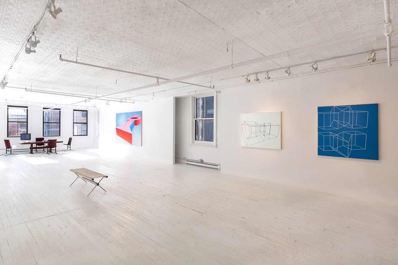 Installation view, 'Miriam Schapiro, The California Years: 1967–1975' at Eric Firestone Loft, showing, from left to right, “Keyhole” (1971), “Mylar Series (Computer Series)” (1971) (image courtesy Eric Firestone Gallery) (click to enlarge)