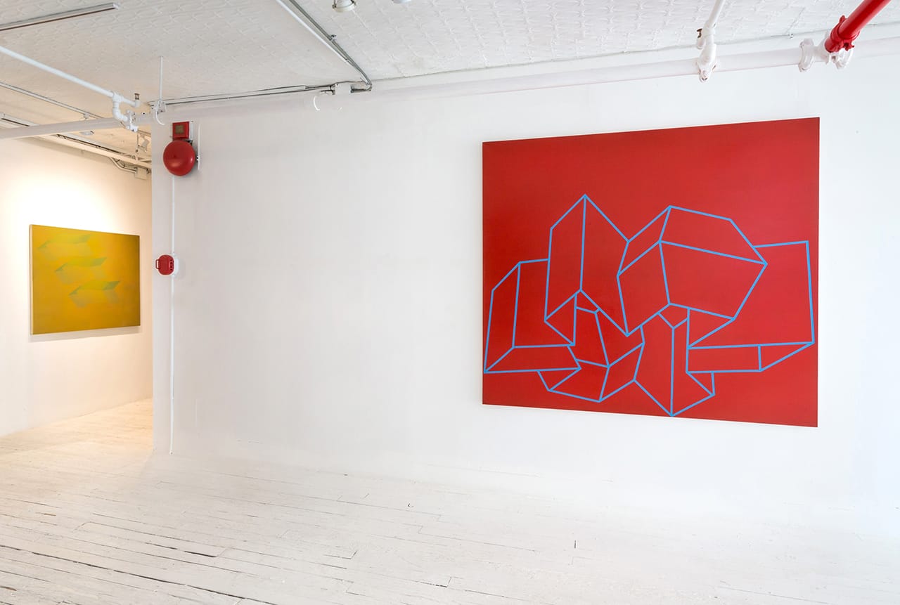 Installation view, 'Miriam Schapiro, The California Years: 1967–1975' at Eric Firestone Loft, with "Thunderbird" (1970) at right (image courtesy Eric Firestone Gallery) (click to enlarge)