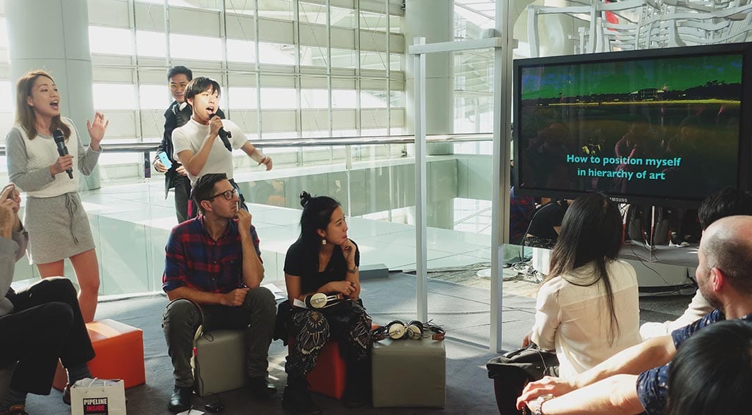 Art Startup performance, "How to position myself in hierarchy of art" (2016), as part of Videotage's programming in ABHK's Crowdfunding Initiative sector