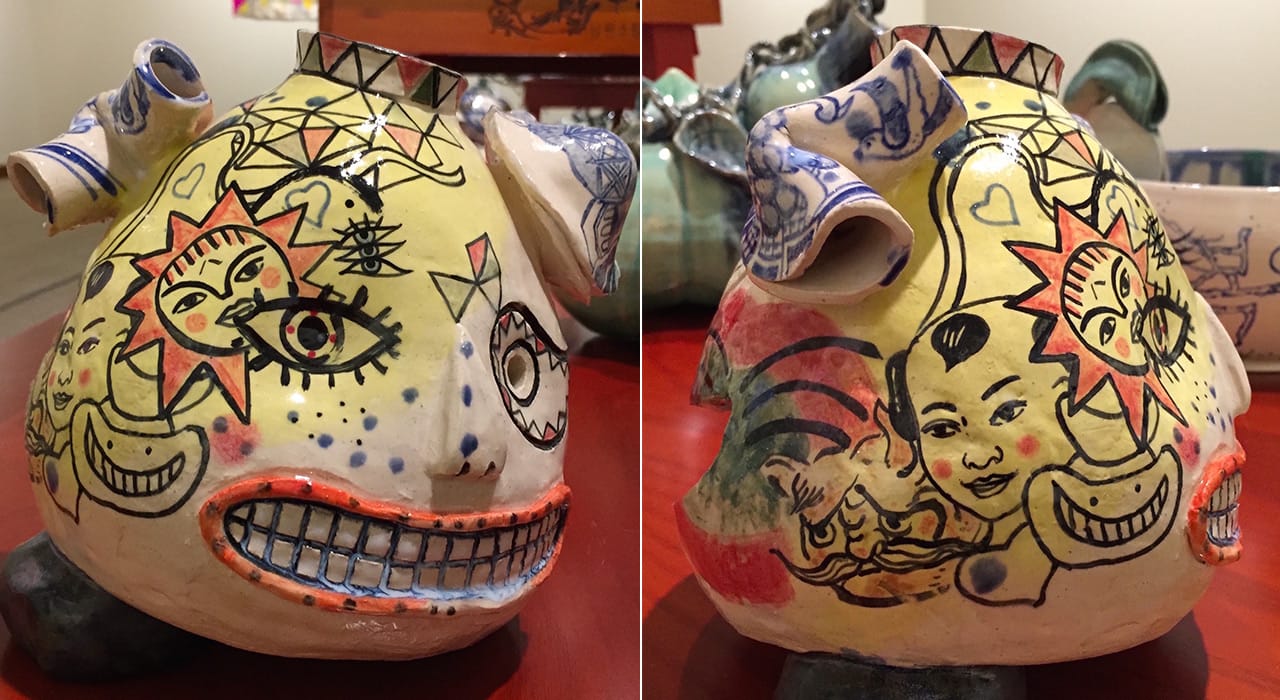 Alternate views of Jiha Moon's "Mexican Korea Blue Willow Face Jug" (2014)