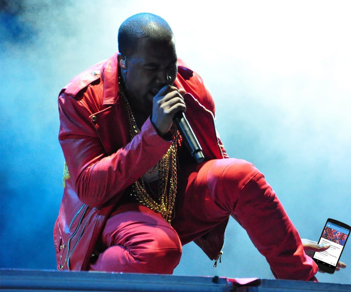 Not-so artistic rendering of Kanye West tweeting on stage (illustration by the author for Hyperallergic)