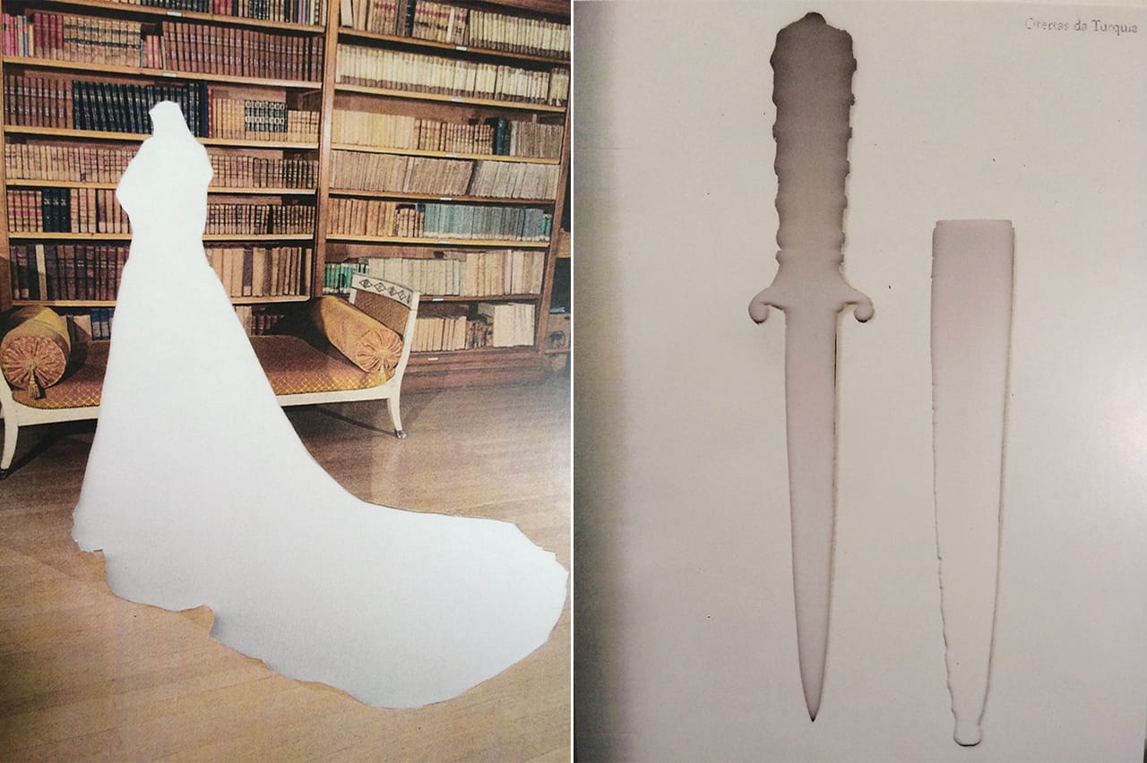 Left: Satin and Silk American Style Wedding Dress, a gift to the mayor of Lyon, France, in 1949, reciprocating the “Merci Train” gift to America in recognition of their postwar support; right: Dagger and Sheath, a gift from Turkey to Russia (second half of the 16th century), steel, jade, gold, diamond, ruby. 31 cm (total length), 20 cm (blade), 23 cm (sheath)