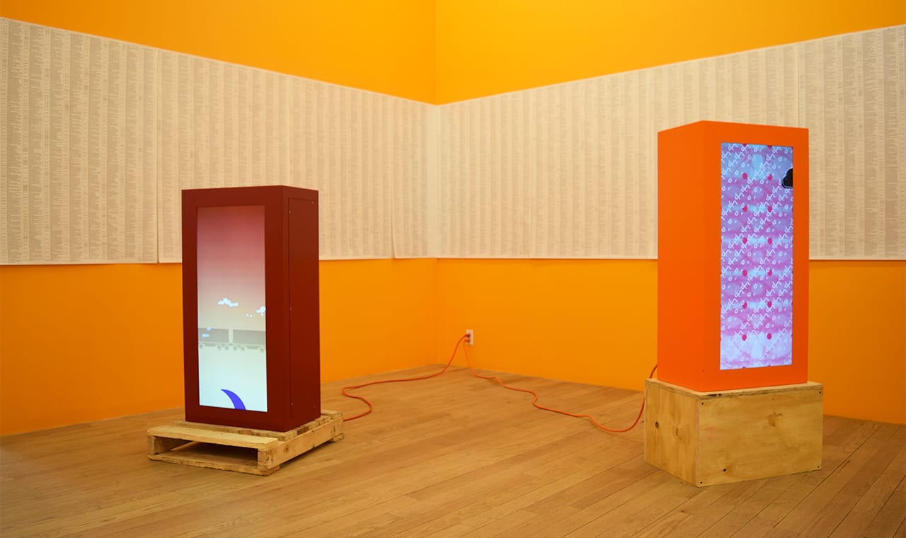 Installation view of Marina Zurkow, 'MORE&MORE (the invisible oceans)' at bitforms gallery with "MORE&MORE (the invisible oceans): Turkey" (2016, left) and "MORE&MORE (the invisible oceans): Japan" (2016, right)