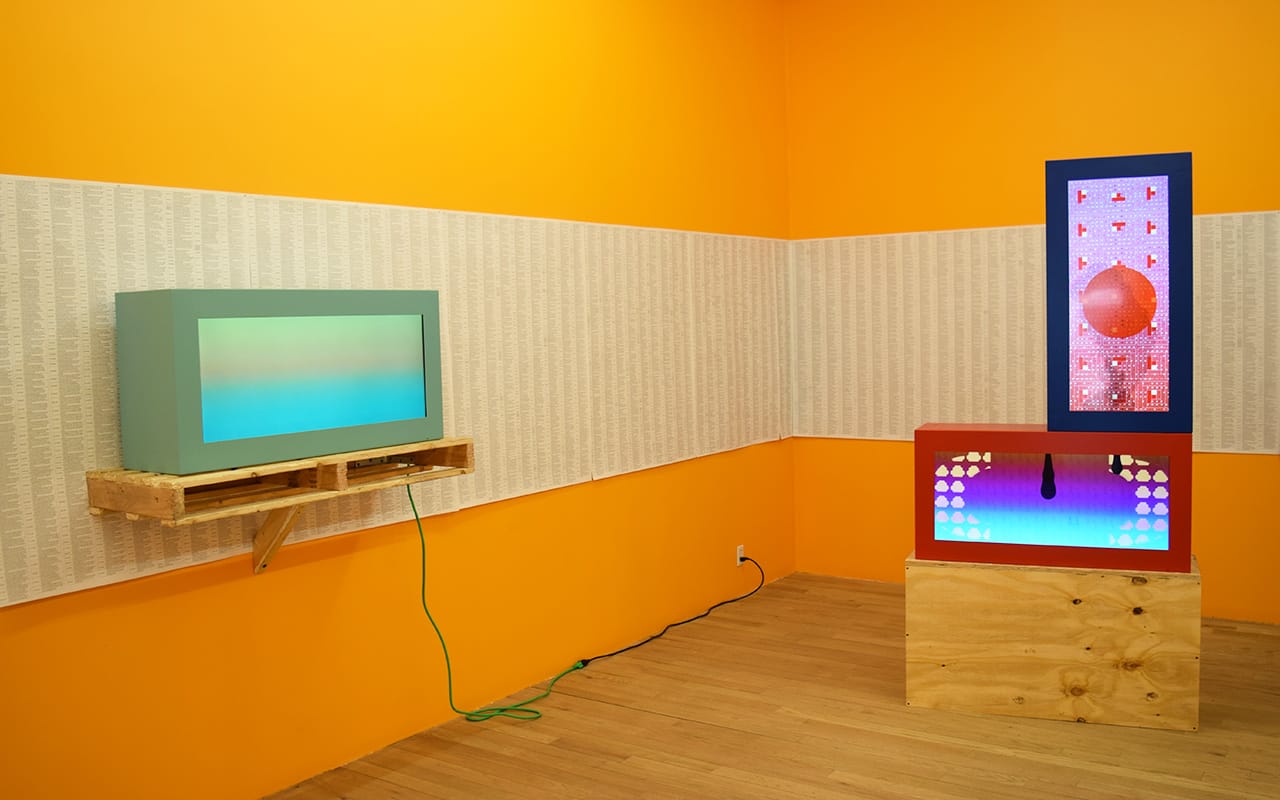 Installation view of Marina Zurkow, 'MORE&MORE (the invisible oceans)' at bitforms gallery with "MORE&MORE (the invisible oceans): India" (2016, left), "MORE&MORE (the invisible oceans): USA" (2016, top right), and "MORE&MORE (the invisible oceans): China" (2016, bottom right)