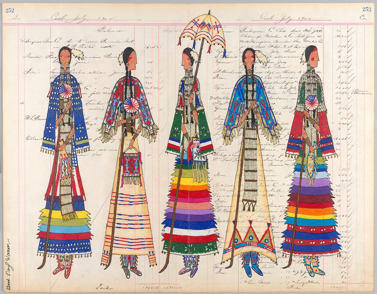 Lauren Good Day Giago, "Independence Day Celebration" (2012), antique ledger paper, colored pencil, graphite, ink, felt-tipped marker (photo by Ernest Amoroso/NMAI)