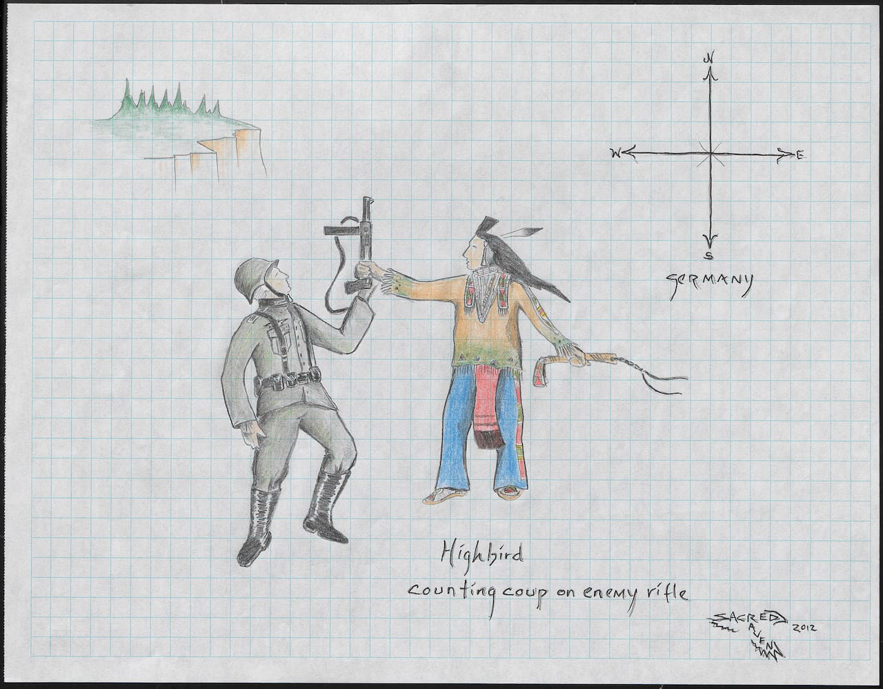 Chester Medicine Crow, "Highbird Counting Coup on Enemy Rifle" (2012), graph paper, graphite, colored pencil, ink (photo by Ernest Amoroso/NMAI)