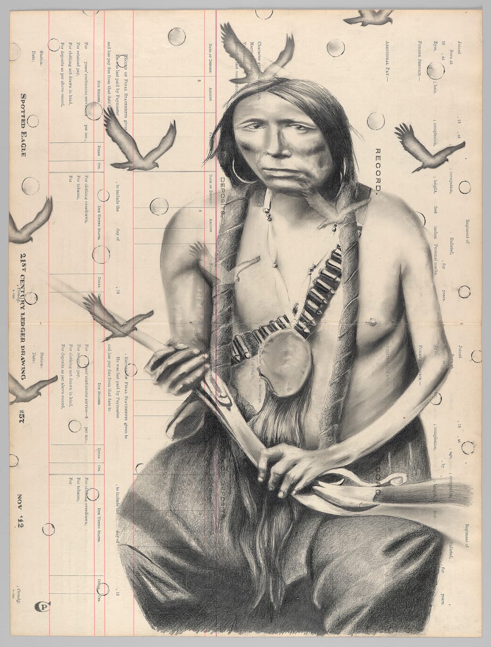 Spotted Eagle, 21st-Century Ledger Drawing No. 57, 2012 Chris Pappan (Osage/Kaw/Cheyenne River Lakota, b. 1971) Antique ledger paper, graphite