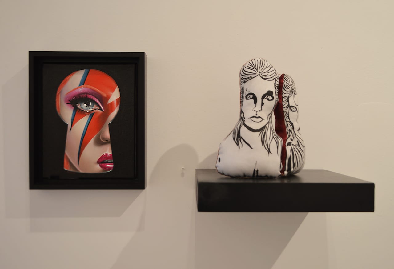 'Saint Bowie' installation view with Sas Christian “Tribute” (2016, left) and Erin O'Shea "He Fell On Diamond Days" (2016, right)