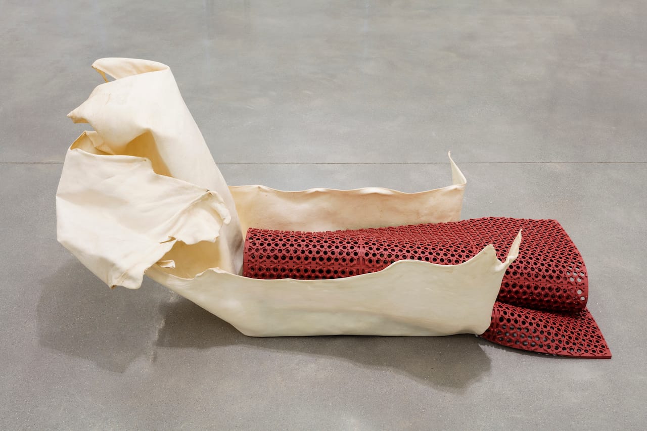 Ross Knight, "(Greaseproof) Floor Mat-Hide" (2015), bleached rawhide, rubber floormat, 24 x 56 x 27 in