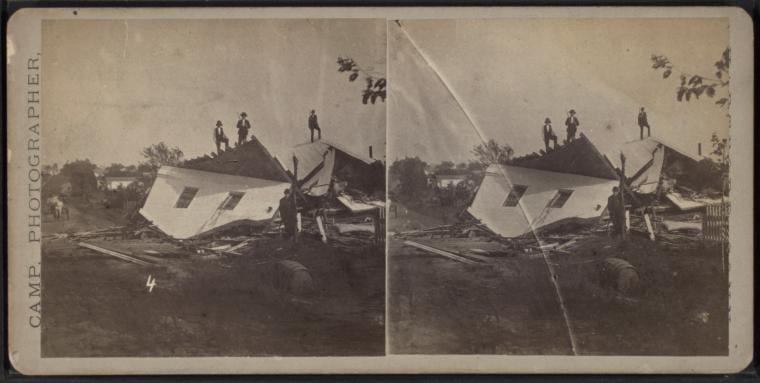 A stereoscopic view by D. S. Camp of the aftermath of a tornado in Wallingford, Connecticut (August 9, 1878) (via New York Public Library)