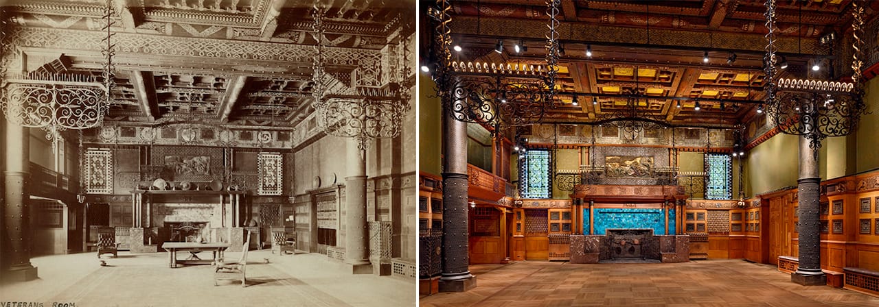 Side-by-side comparison of the Veterans Room as it first opened in 1881 and after its restoration by Herzog & de Meuron (courtesy Park Avenue Armory) (click to enlarge)