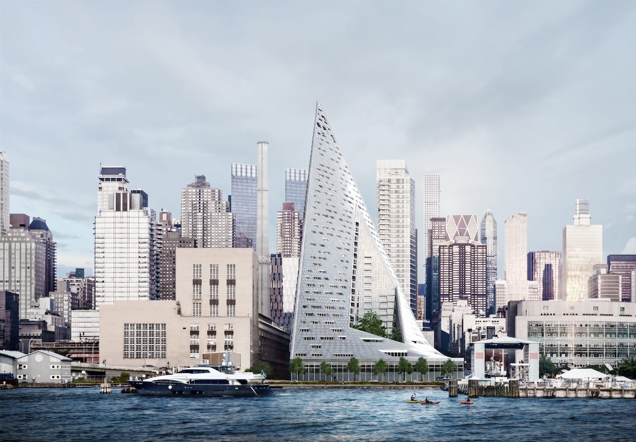 Rendering of Via 57 West as seen from the Hudson River (courtesy Bjarke Ingels Group)