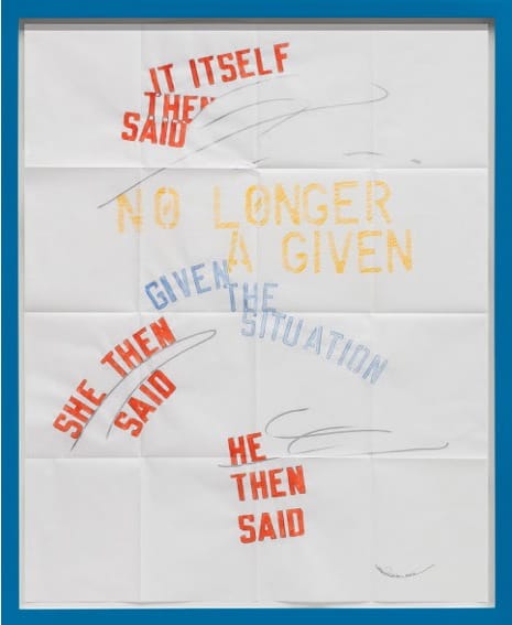 Lawrence Weiner, "Situation" 2016. Faber-castel pencil, gouache, acrylic, paint pen on folded archival paper, 39.76 x 33.46 inches via http://www.regenprojects.com/exhibitions/lawrence-weiner10