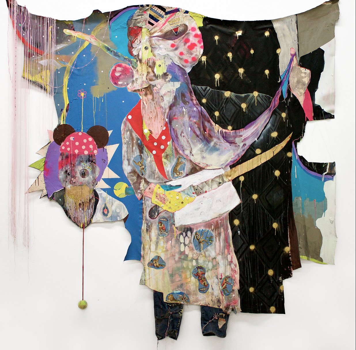 Lavar Munroe, "Pinocchio’s Half Sister" (2014), acrylic, spray paint, latex house paint, fabric paint, tennis ball, rope, buttons, staples, Band-Aids, jeans, thread, and found fabric on cut canvas (image courtesy of the artist and NOMAD Gallery, Brussels, Belgium)