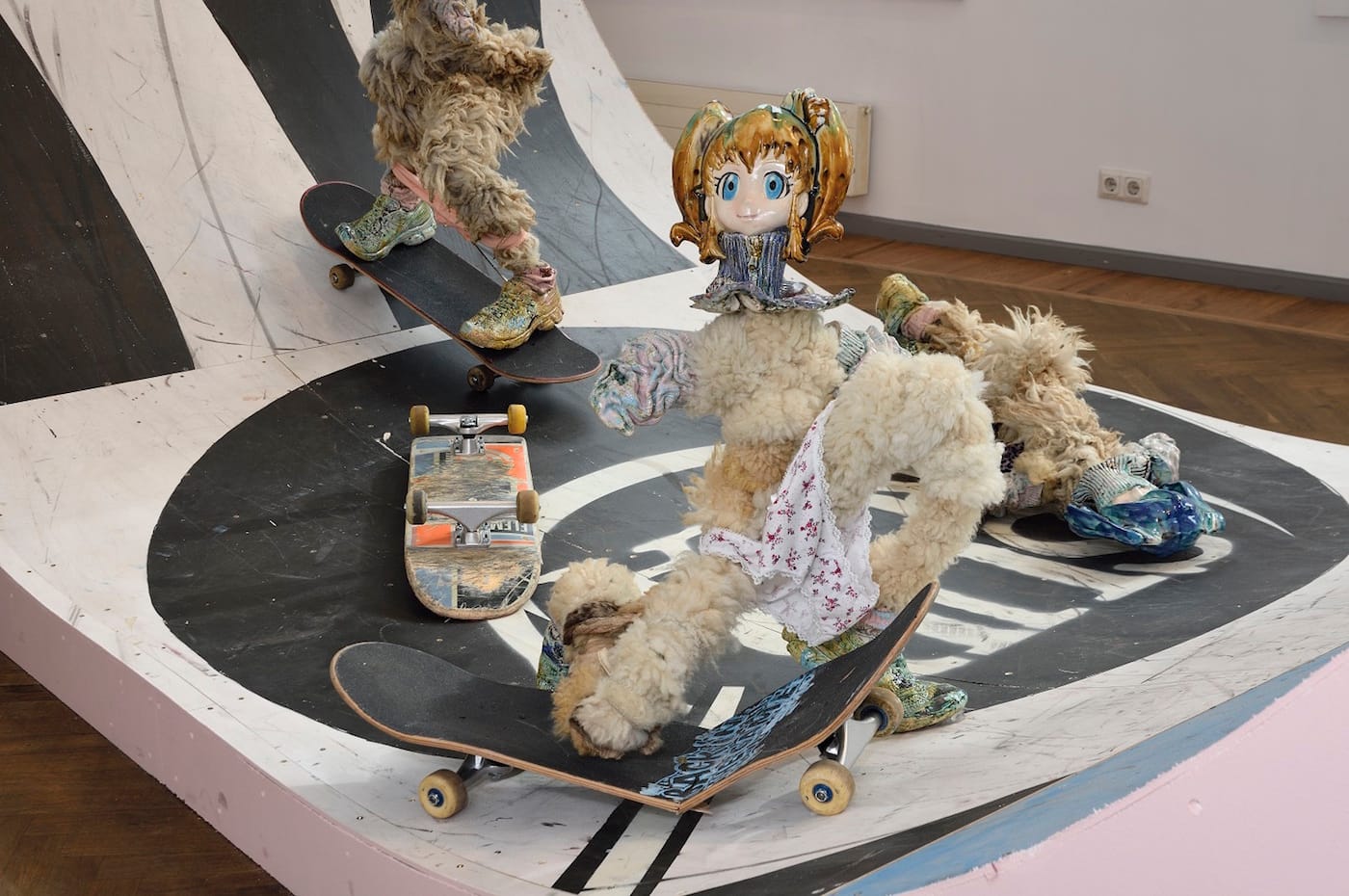 Kris Lemsalu Cool Girls Without Hands Porcelain, cement, metal, painted sheepskin, textile, skateboards, ramp 2016