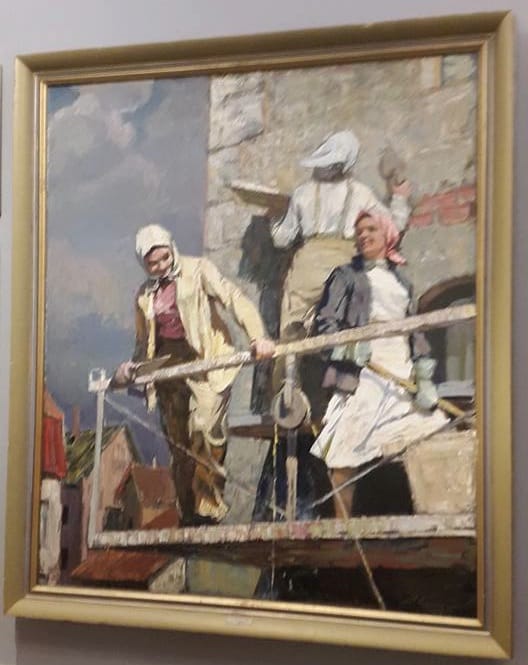 Mihails Korneckis, "Let's Go Girls" (1959), oil on canvas (photo by the author for Hyperallergic)