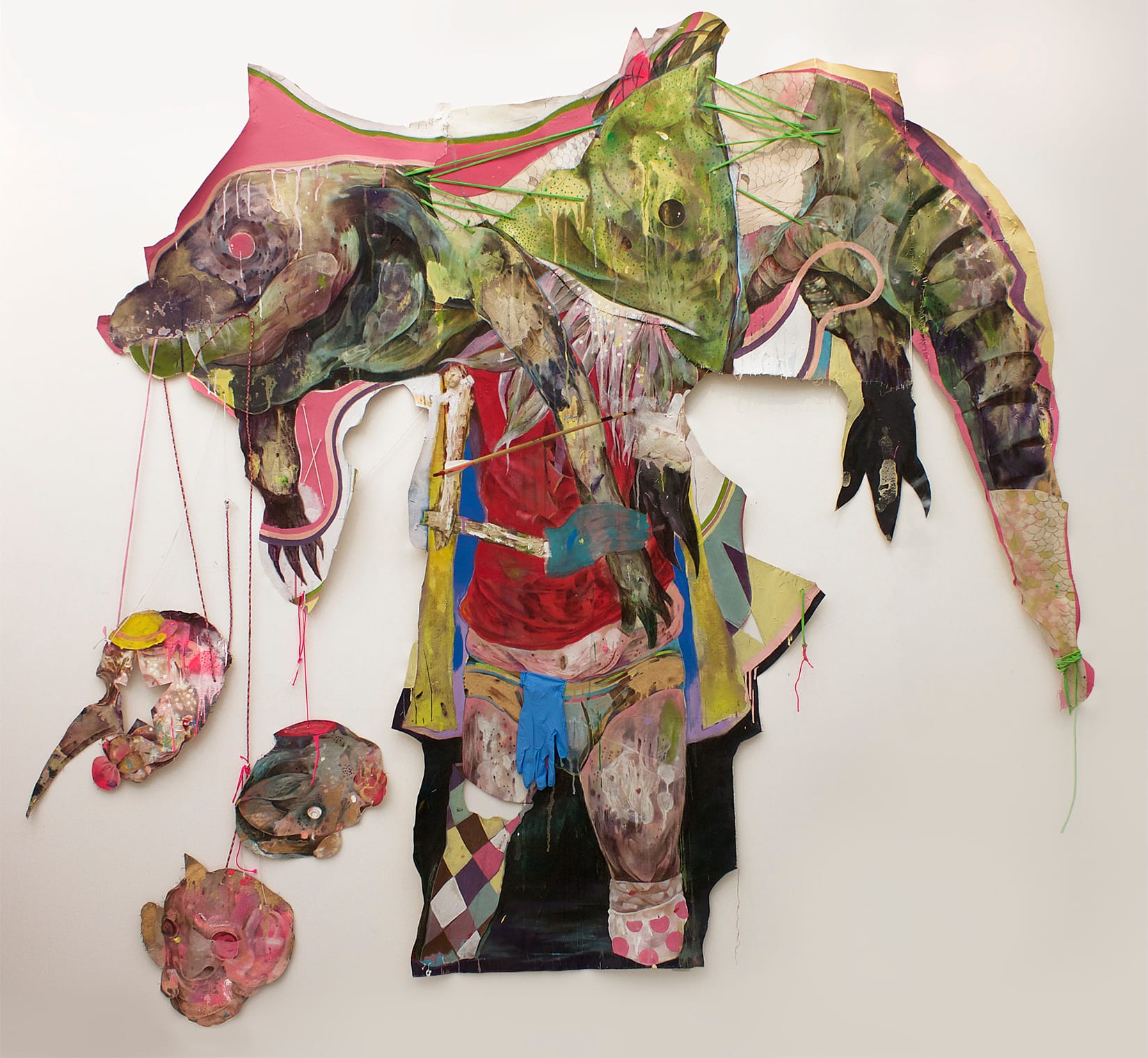 Lavar Munroe, "Bushmen, Bushmeat" (2015), acrylic, latex house paint, spray paint, fabric paint, pencil, glove, staples, string, arrow, ping-pong ball, and dead fly on cut unprimed canvas, 80’’ x 86’’ (image courtesy of the artist and Jenkins Johnson Gallery)