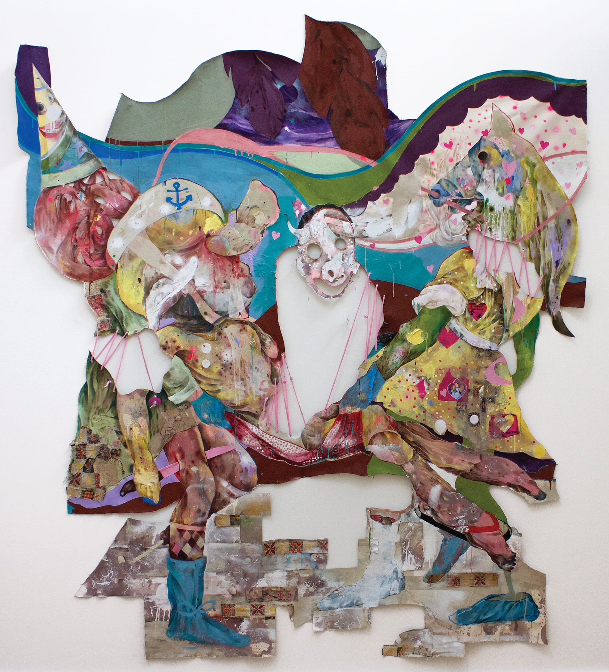Lavar Munroe, "Days and Nights in the Wilderness" (2015), acrylic, latex house paint, airbrush, found fabric, string, stickers and plastic from float toy on cut unprimed canvas, 92’’ x 96'' (image courtesy of the artist and Jenkins Johnson Gallery)