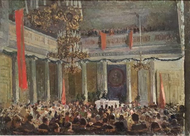 Elmar Kits, "May 1st Assembly in the Tartu Statu University Auditorium" (1945), oil on canvas (photo by the author for Hyperallergic)