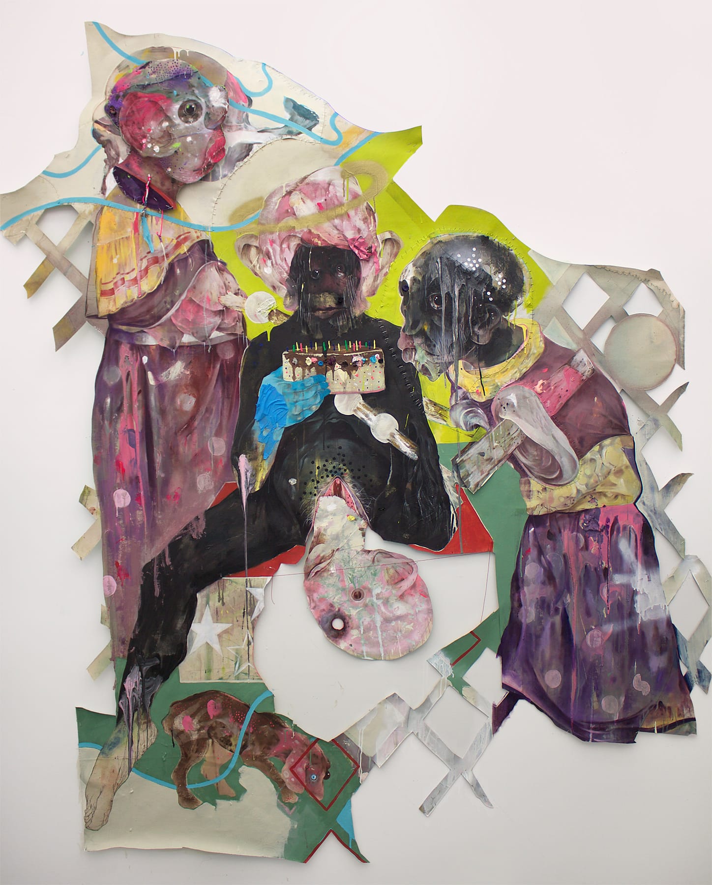 Lavar Munroe, "Institution of Captivity" (2015), acrylic, latex house paint, spray paint, fabric paint, pencil, string, and staples on cut unprimed canvas, 84'' x 90''