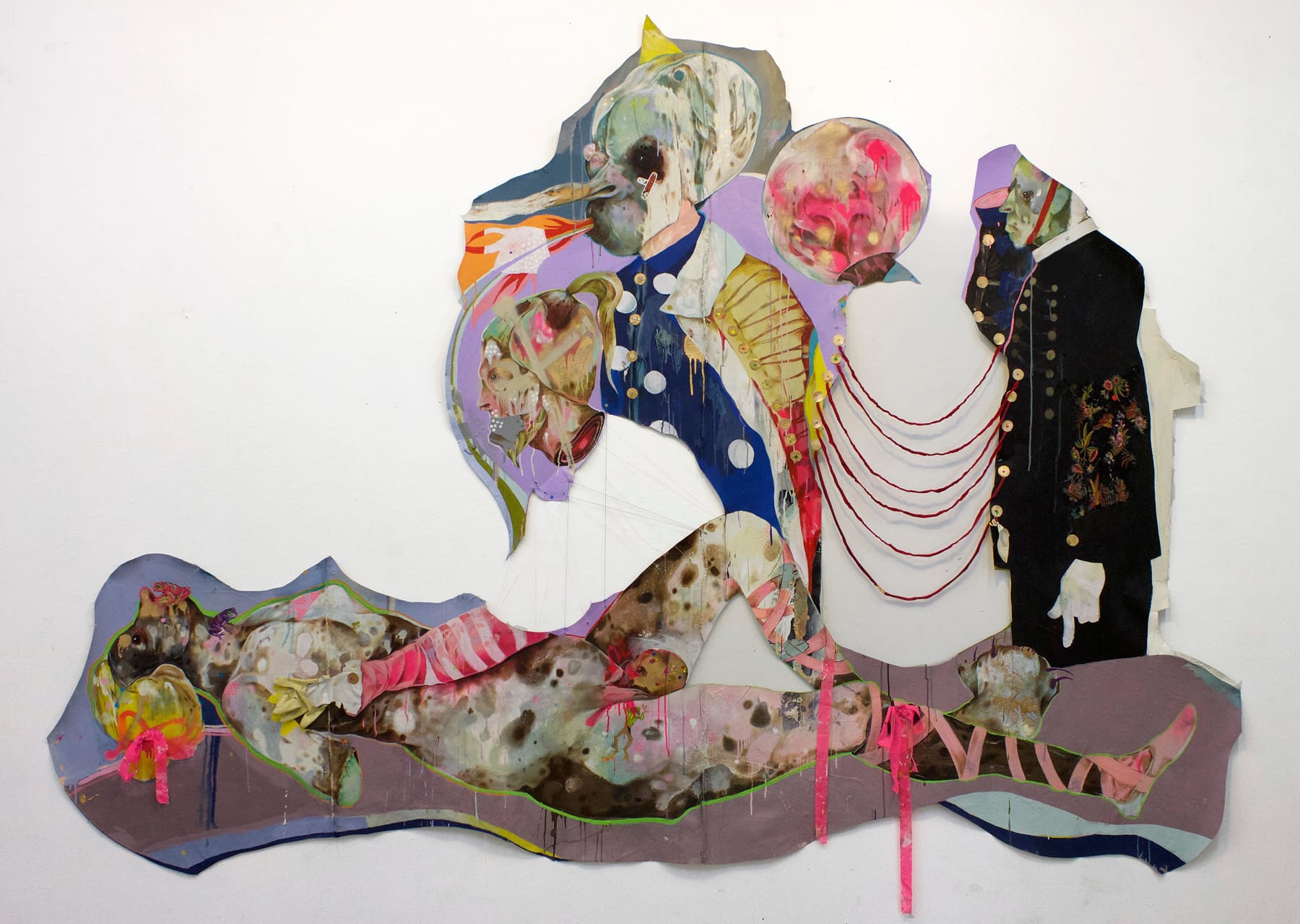 Lavar Munroe, "Zoo Keeper" (2015). acrylic, spray paint, house paint, rhinestones, stickers, band-aids, found fabric, rope, string, ribbon, and artist’s blood on cut unprimed canvas. 88 x 115 inches (courtesy of the artist and Jenkins Johnson Gallery)