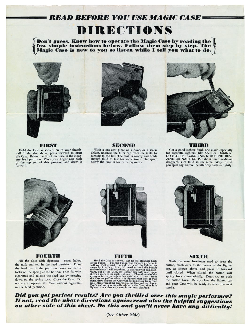 Original sheet of instructions from the Magic Case cigarette case with lighter (courtesy Thames & Hudson)