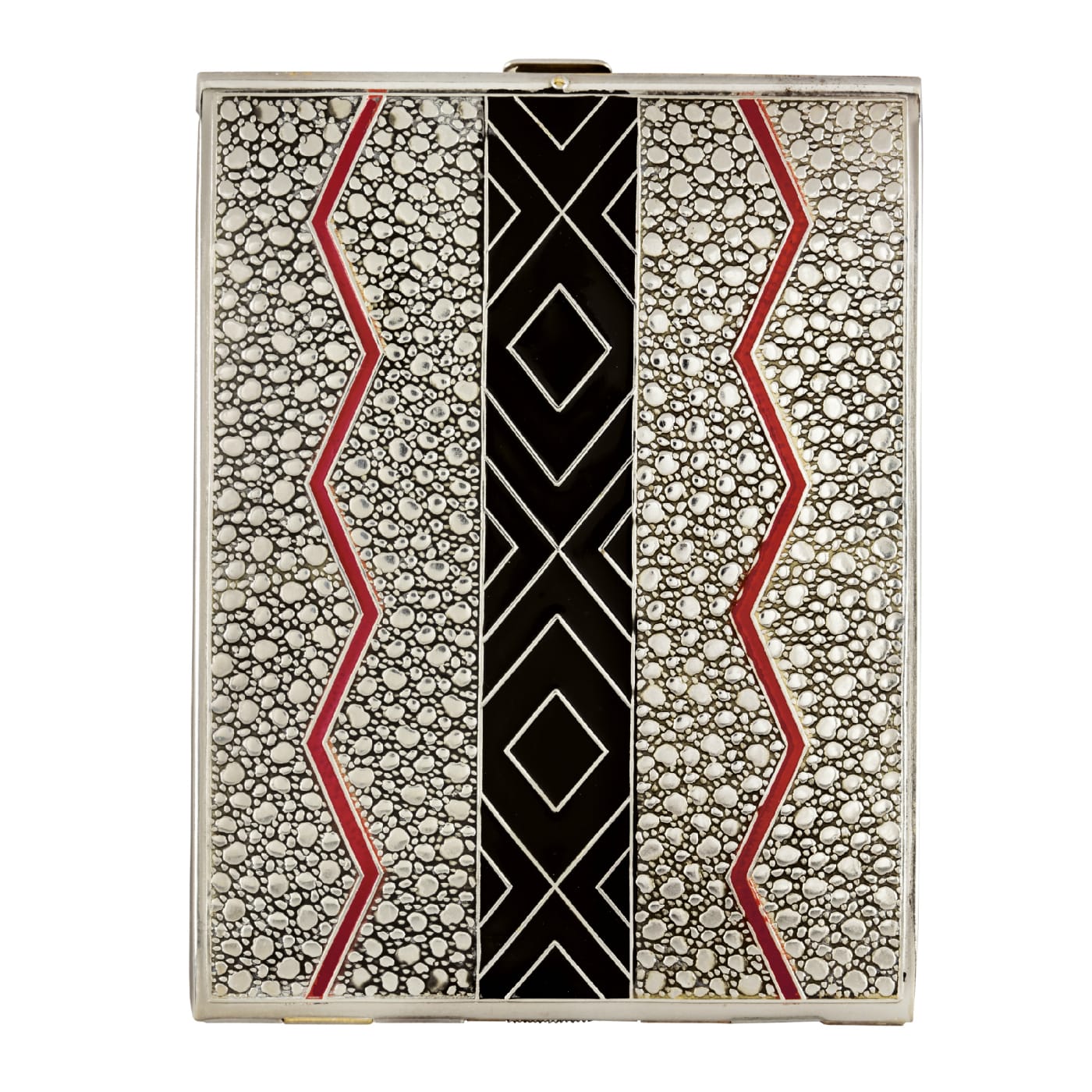 Press Easy cigarette case (United States, 1929), red and black enamel on embossed metal, designed by Alfred Reilly, and produced by Evans Case Company, Attleboro, Massachusetts (© Rodney and Diana Capstick-Dale)