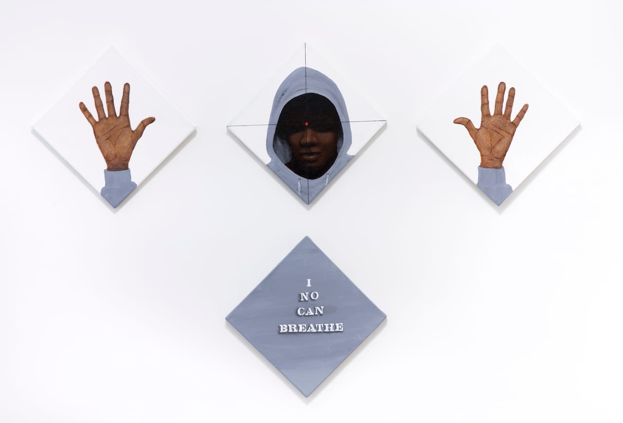 Barkley L. Hendricks, "Crosshairs Study" (2015), oil and acrylic on canvas, 4 paintings, each 12 x 12 in (all images ©Barkley L. Hendricks, courtesy of the artist and Jack Shainman Gallery, New York) (click to enlarge)