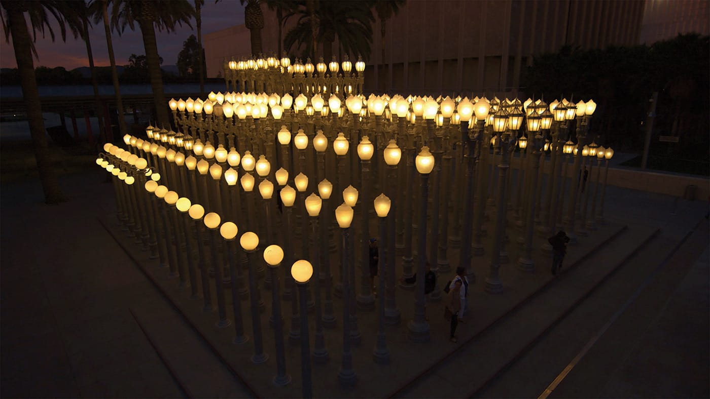 Still frame from 'Burden' showing Chris Burden's sculpture "Urban Light" (2008) (courtesy Timothy Marrinan and Richard Dewey)