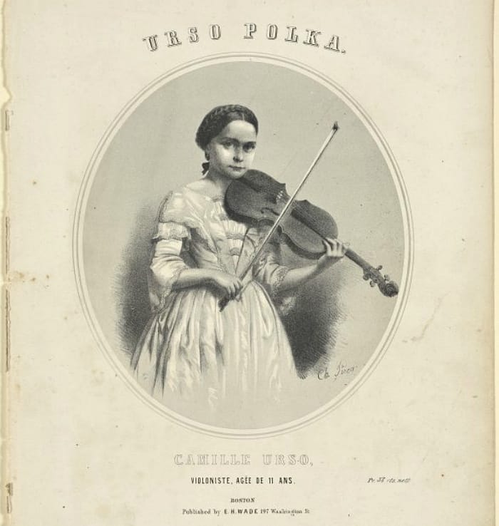 Camilla Urso at the age of 11, depicted on a publication for the "Urso Polka" (via Music Division, the New York Public Library)