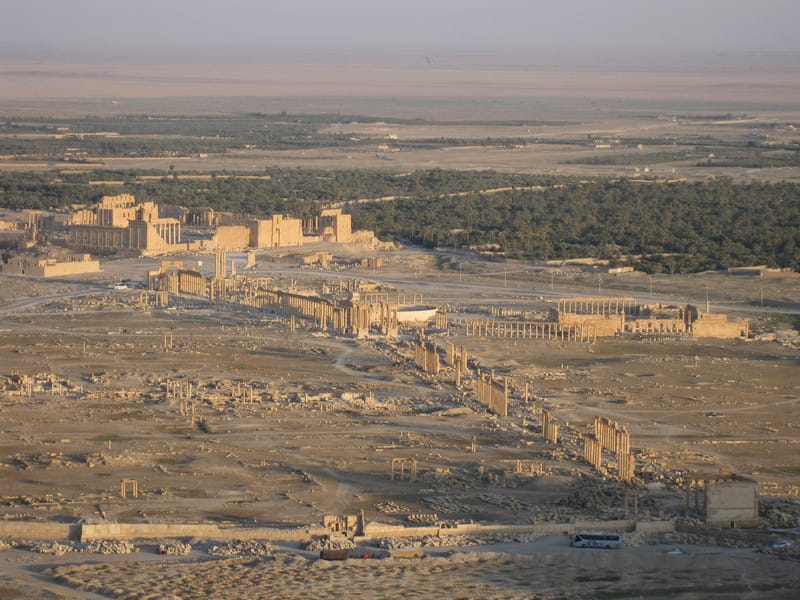 Overview of the site from the medieval castle (Qal‘at Shirkuh), looking southeast: Temple of Bel middle left; Great Colonnade center (photo by Judith McKenzie/Manar al-Athar)