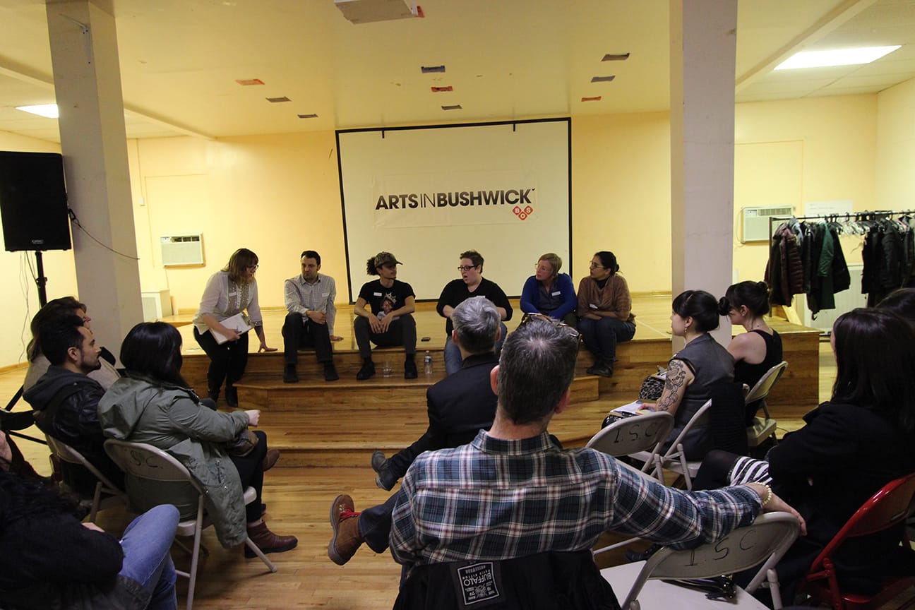 Arts in Bushwick volunteers addressing the meeting (photo by Raphael Fuchs)