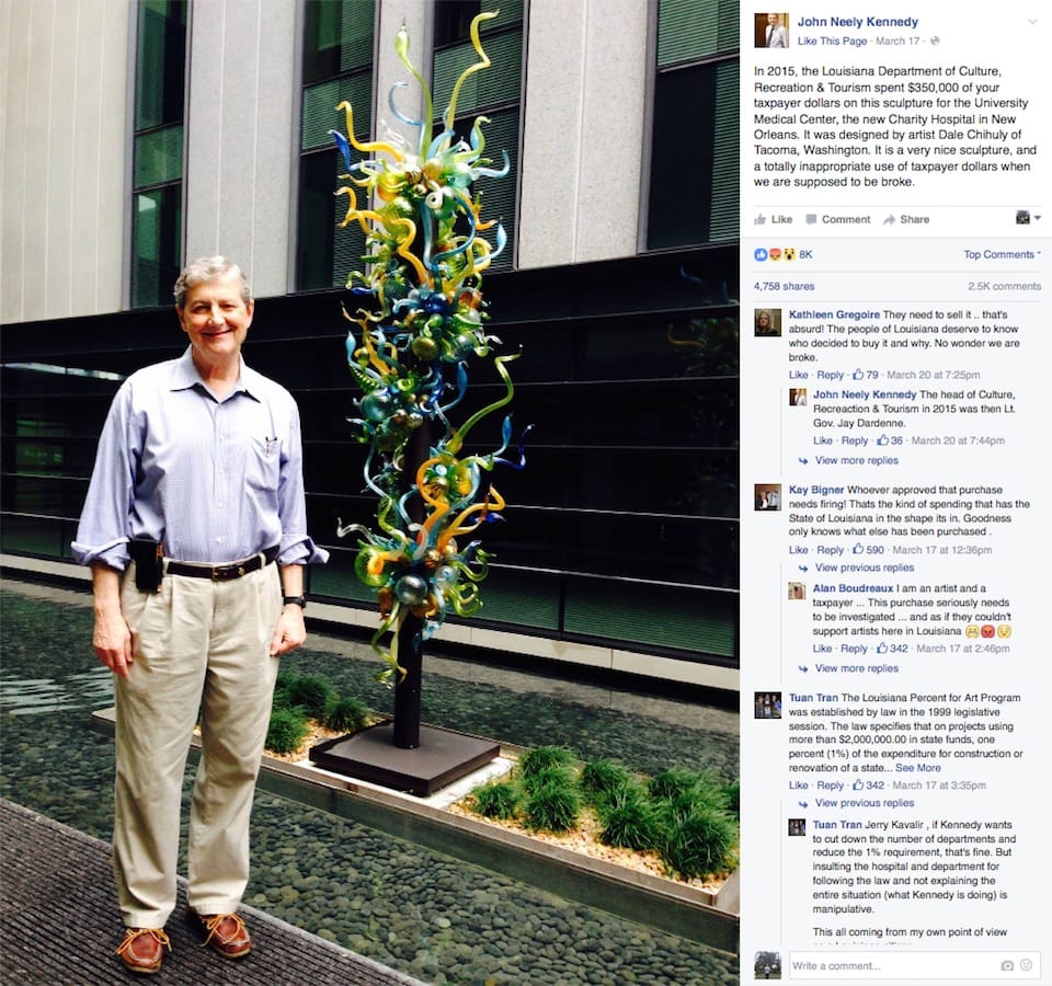 Louisiana State Treasurer standing next to a Dale Chihuly sculpture at the University Medical Center in New Orleans, Louisiana (screenshot by the author via Facebook)