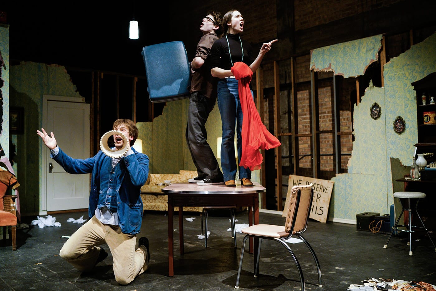 Hinterlands ensemble, during the frenzied peak of the action in 'The Radicalization Process' (photo by Alverno Presents/Kat Schleicher Photography, courtesy of Hinterlands)