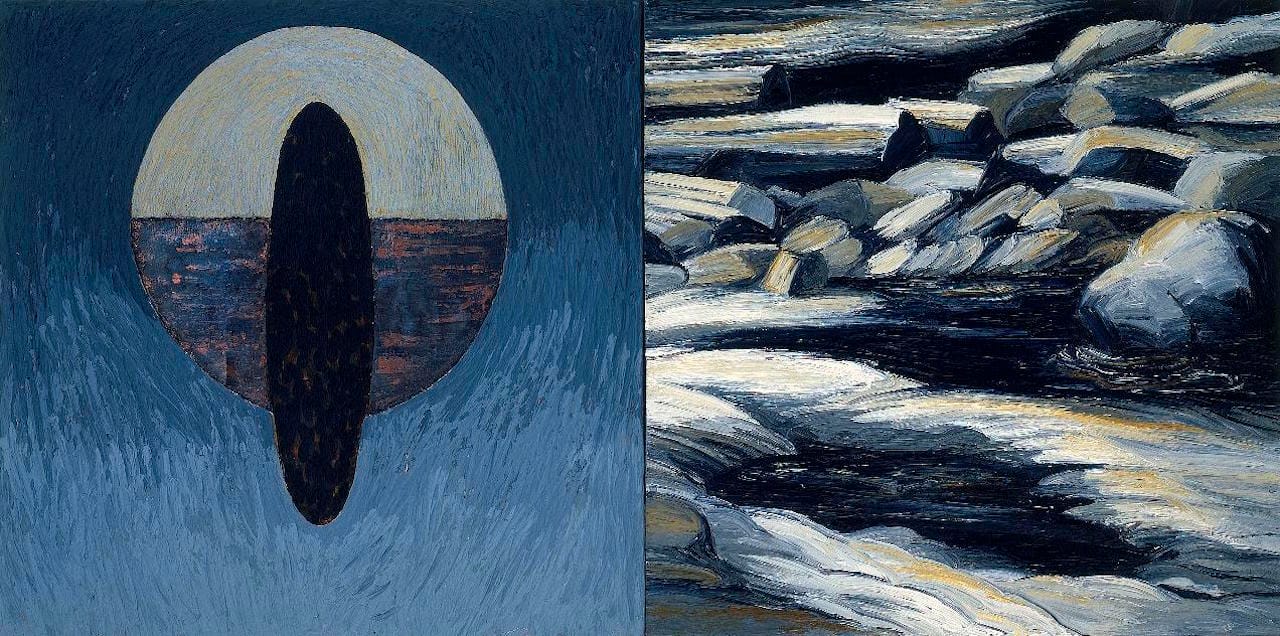 Kay WalkingStick, "Night/ᎤᎡᎢ (Usvi)" (1991), oil, acrylic, wax, and copper on canvas, 36.25 x 72.25 x 2 in (Montclair Art Museum, purchased with funds provided by Alberta Stout)