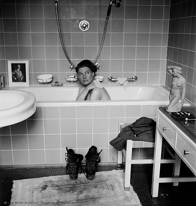 Lee Miller with David E. Scherman, "Lee Miller in Hitler's bathtub, Hitler's apartment, Munich, Germany, 1945" (© Lee Miller Archives, England 2015)