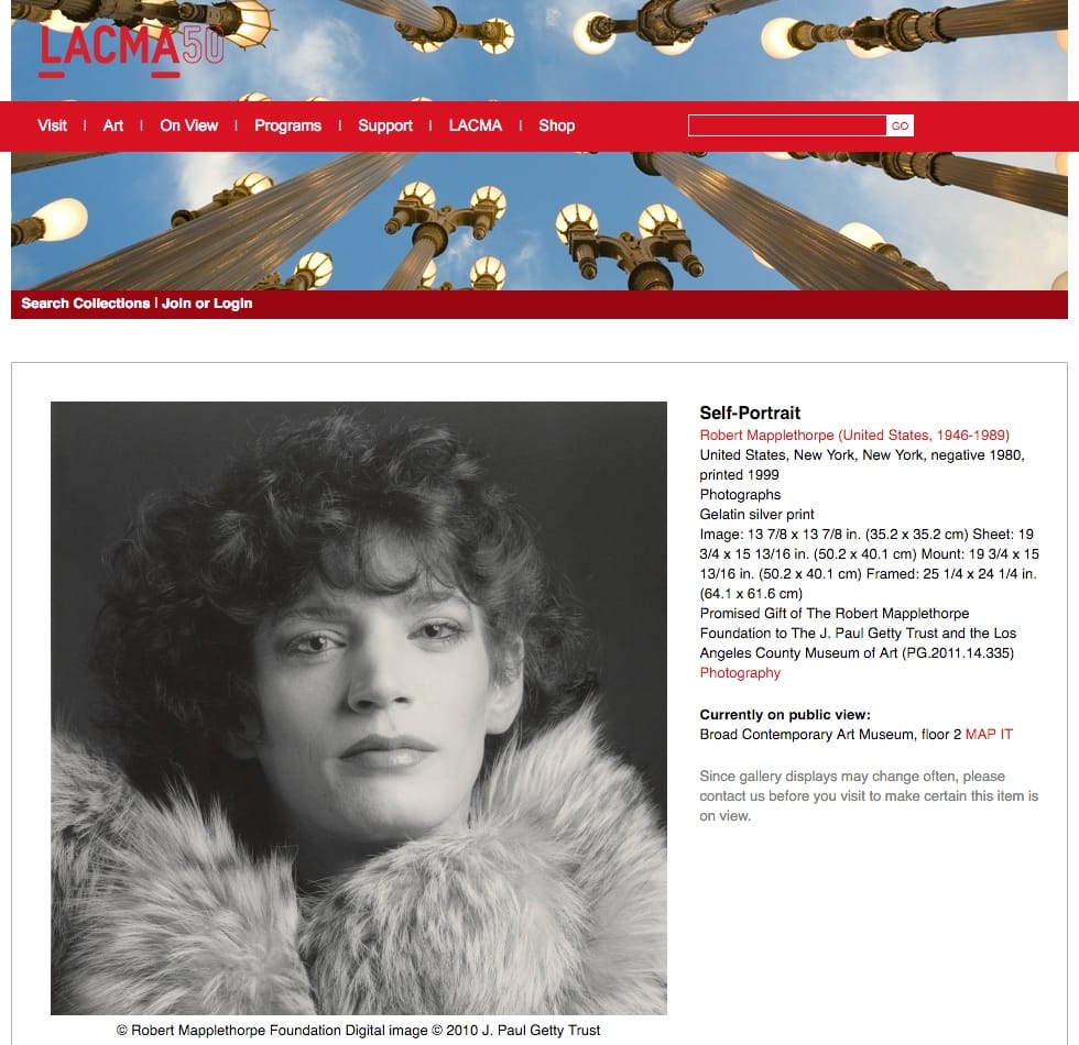 A portrait of Robert Mapplethorpe featured in the artist's current retrospective, which James R. Miller claims is his own work, not Mapplethorpe's. (screenshot by the author via lacma.org)