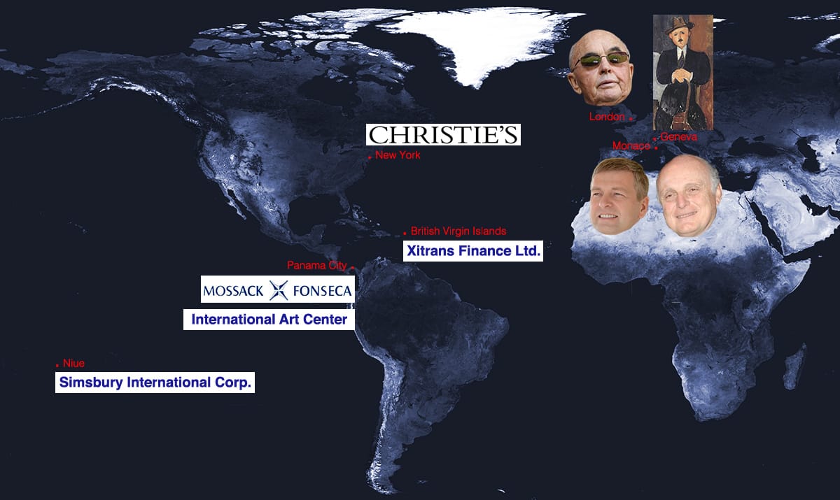 A map featuring the names of companies set up by Mossack Fonseca, the faces of the collectors and financiers on whose behalf they were set up, and Amedeo Modigliani's "Seated Man with a Cane" (1918), recently seized following the Panama Papers leaks. (illustration by Benjamin Sutton/Hyperallergic)