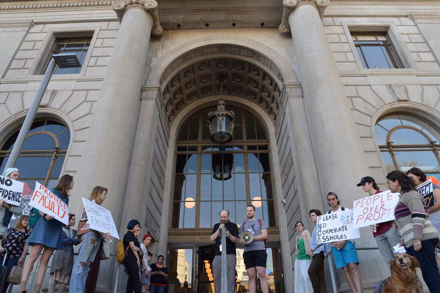 Students and faculty protesting at the main entrance to Pacific Northwest College of Art in Portland, Oregon