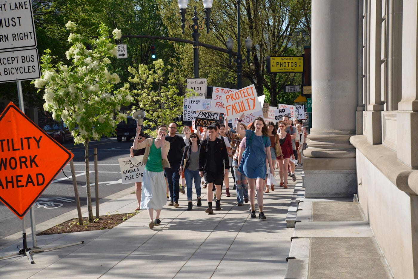 Students and faculty marching in protest at the Pacific Northwest College of Art in Portland, Oregon