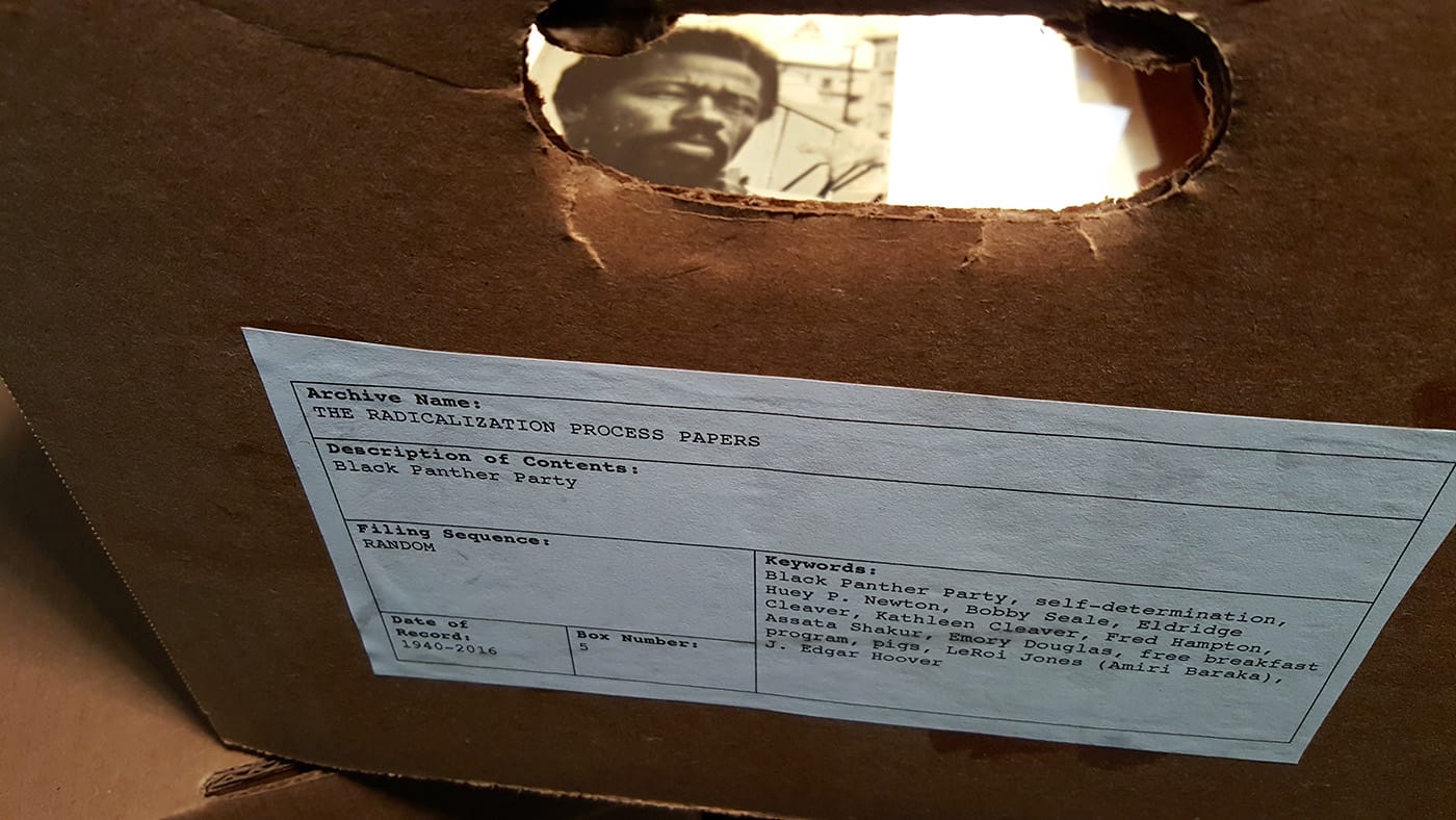 Items within the basement archive, largely constructed by poet and Black Panther Movement scholar Casey Rocheteau http://caseyrocheteau.org/ (photo by the author for Hyperallergic)