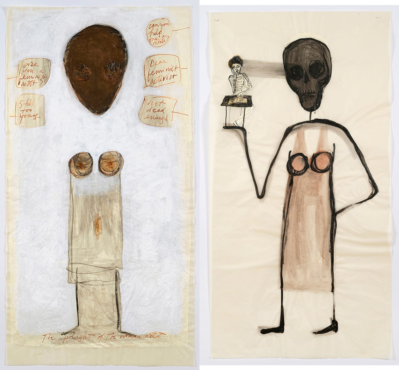 Mira Schor, left: “‘Power’ Figure #7: Still Too Young, Not Dead Enough” (2015), pastel, ink, and gesso on tracing paper, 45 x 24 inches; right: “‘Power’ Figure #14: Mira at 19 and Now” (2015), ink and gesso on tracing paper 45 x 24 inches (click to enlarge)